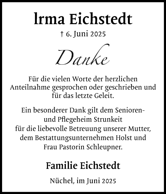 Traueranzeige von lrma Eichstedt von Ostholsteiner Anzeiger