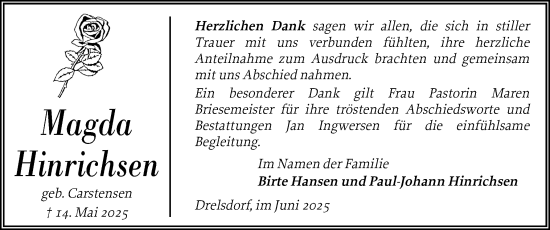 Traueranzeige von Magda Hinrichsen von Husumer Nachrichten, Nordfriesland Tageblatt