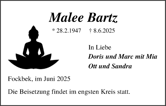 Traueranzeige von Malee Bartz von Schleswig-Holsteinische Landeszeitung