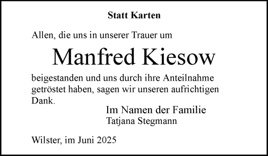 Traueranzeige von Manfred Kiesow von Norddeutsche Rundschau, Wilstersche Zeitung, Glückstädter Fortuna