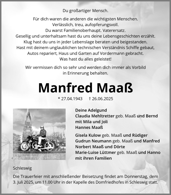 Traueranzeige von Manfred Maaß von Schleswiger Nachrichten, Schlei-Bote