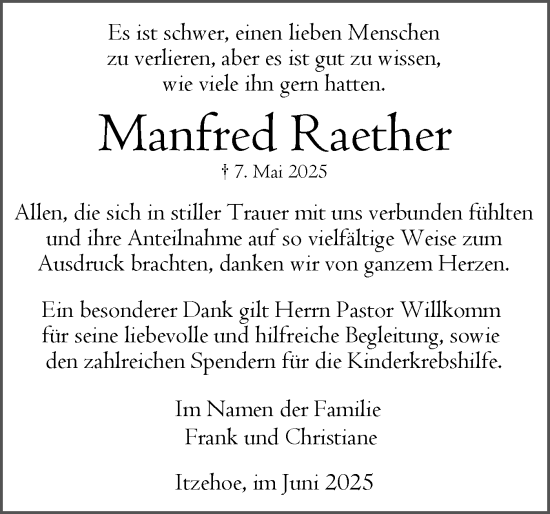Traueranzeige von Manfred Raether von Norddeutsche Rundschau, Wilstersche Zeitung, Glückstädter Fortuna