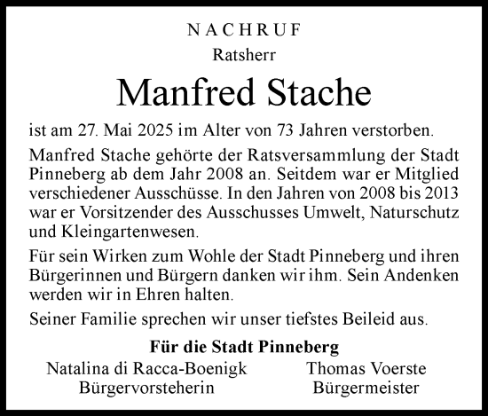 Traueranzeige von Manfred Stache von Region Pinneberg und tip Pinneberg