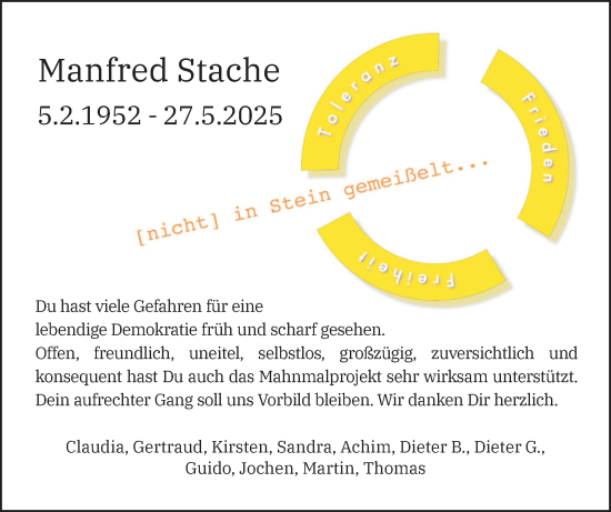Traueranzeige von Manfred Stache von Region Pinneberg und tip Pinneberg