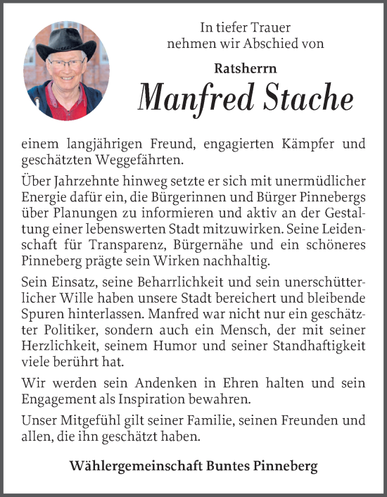 Traueranzeige von Manfred Stache von Region Pinneberg und tip Pinneberg