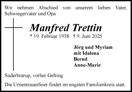 Traueranzeige von Manfred Trettin von Schleswiger Nachrichten, Schlei-Bote