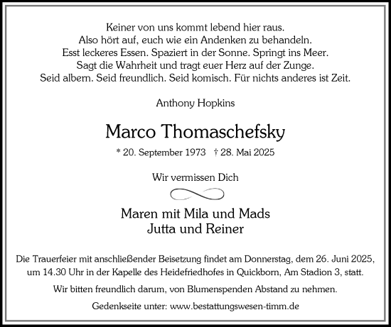 Traueranzeige von Marco Thomaschefsky von Region Pinneberg und tip Pinneberg