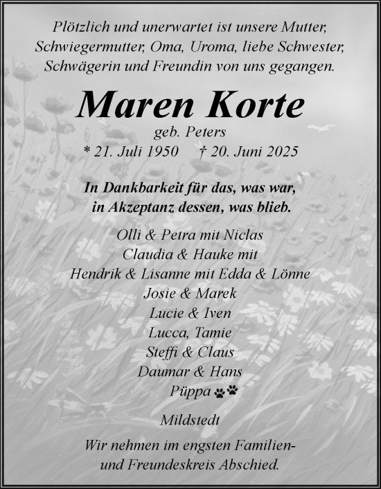 Traueranzeige von Maren Korte von Husumer Nachrichten, Nordfriesland Tageblatt