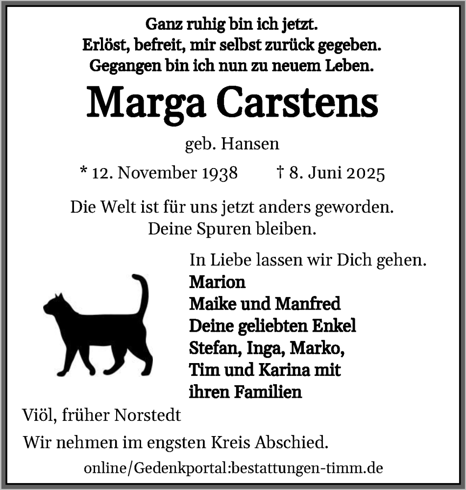  Traueranzeige für Marga Carstens vom 12.06.2025 aus Husumer Nachrichten, Nordfriesland Tageblatt