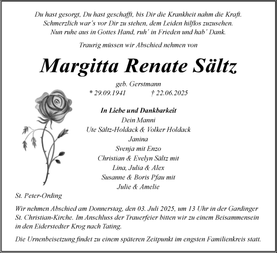 Traueranzeige von Margitta Renate Sältz von Husumer Nachrichten, Nordfriesland Tageblatt