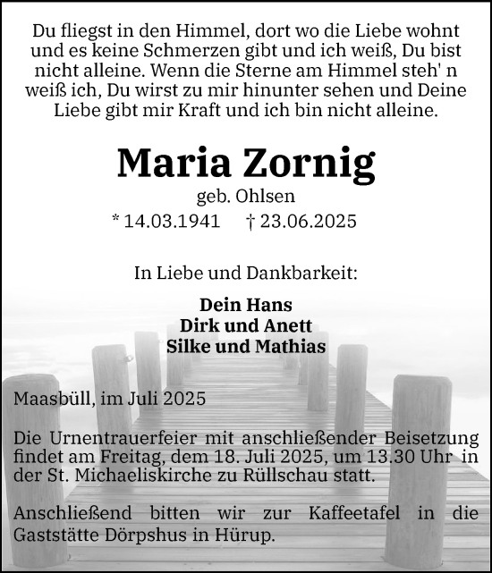 Traueranzeige von Maria Zornig von Flensburger Tageblatt