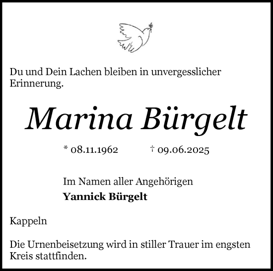 Traueranzeige von Marina Bürgelt von Schleswiger Nachrichten, Schlei-Bote