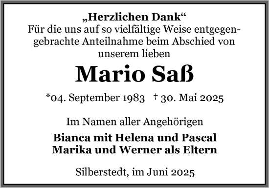 Traueranzeige von Mario Saß von Die WochenSchau Gesamtausgabe