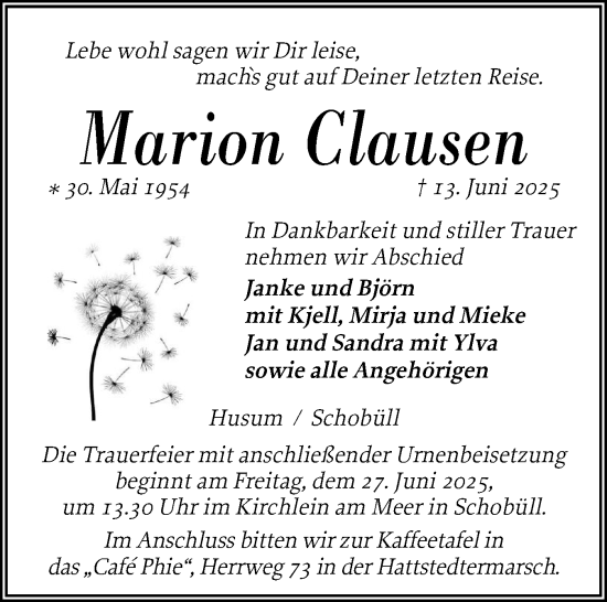 Traueranzeige von Marion Clausen von Husumer Nachrichten, Nordfriesland Tageblatt