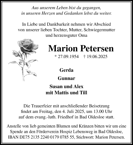 Traueranzeige von Marion Petersen von MARKT Bad Oldesloe/Reinfeld und Stormarner Tageblatt