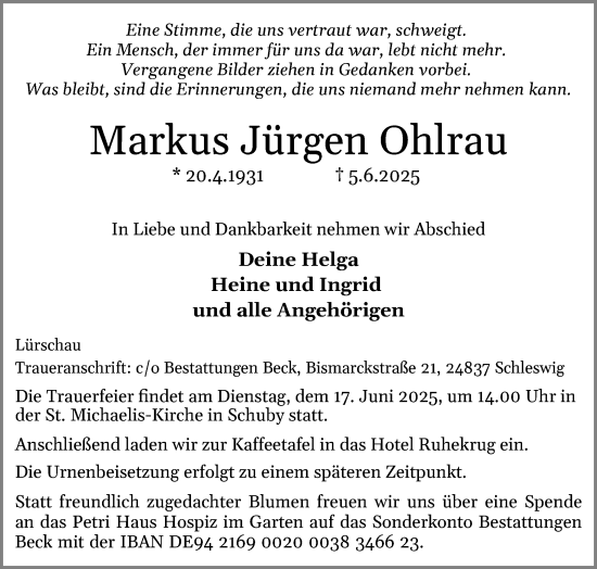 Traueranzeige von Markus Jürgen Ohlrau von Schleswiger Nachrichten, Schlei-Bote