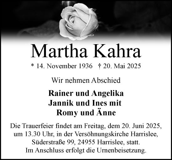 Traueranzeige von Martha Kahra von Flensburger Tageblatt