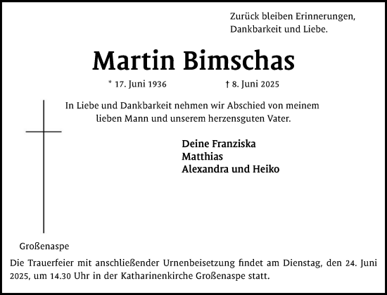 Traueranzeige von Martin Bimschas von Holsteinischer Courier