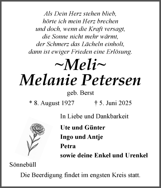 Traueranzeige von Melanie Petersen von Husumer Nachrichten, Nordfriesland Tageblatt