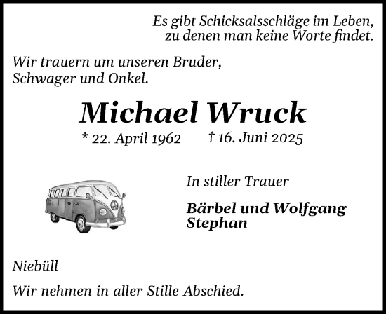 Traueranzeige von Michael Wruck von Husumer Nachrichten, Nordfriesland Tageblatt