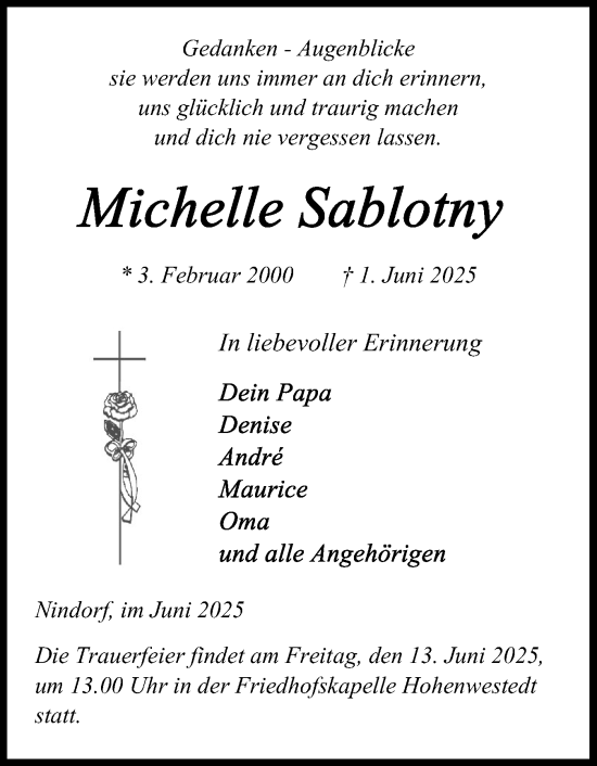 Traueranzeige von Michelle Sablotny von Schleswig-Holsteinische Landeszeitung