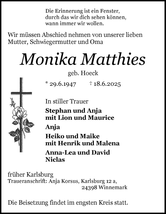 Traueranzeige von Monika Matthies von Schleswiger Nachrichten, Schlei-Bote, Eckernförder Zeitung