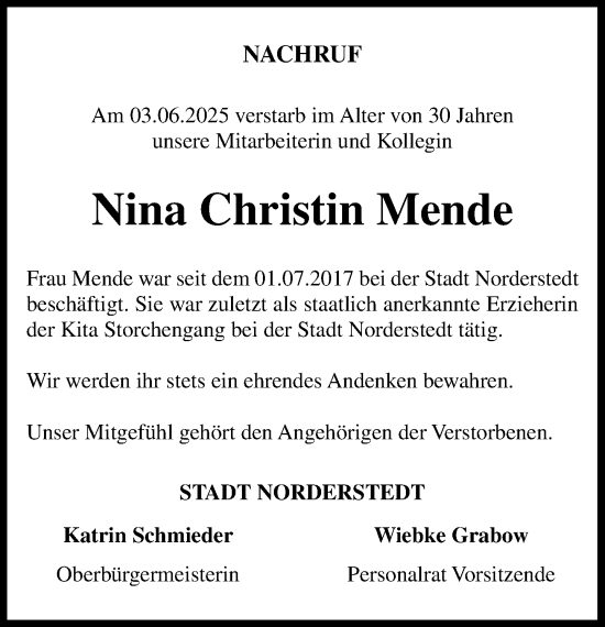 Traueranzeige von Nina Christin Mende von Heimatspiegel