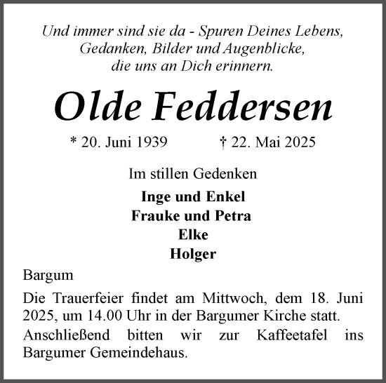 Traueranzeige von Olde Feddersen von Husumer Nachrichten, Nordfriesland Tageblatt