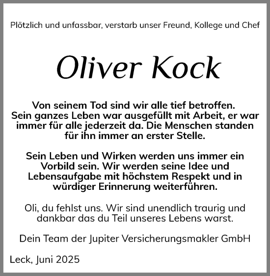 Traueranzeige von Oliver Kock von Husumer Nachrichten, Nordfriesland Tageblatt