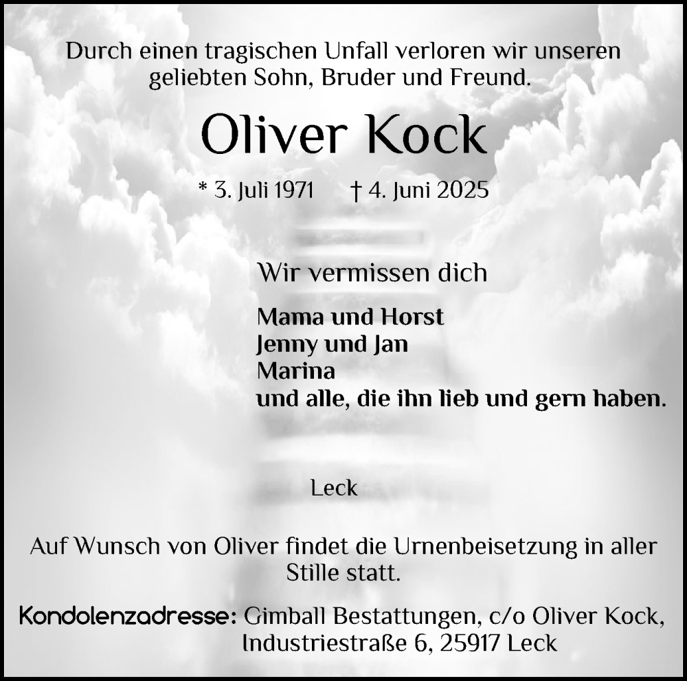  Traueranzeige für Oliver Kock vom 11.06.2025 aus Husumer Nachrichten, Nordfriesland Tageblatt