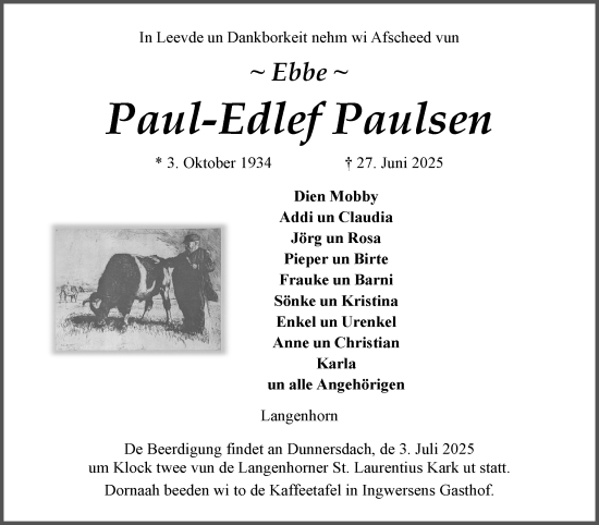 Traueranzeige von Paul-Edlef Paulsen von Husumer Nachrichten, Nordfriesland Tageblatt
