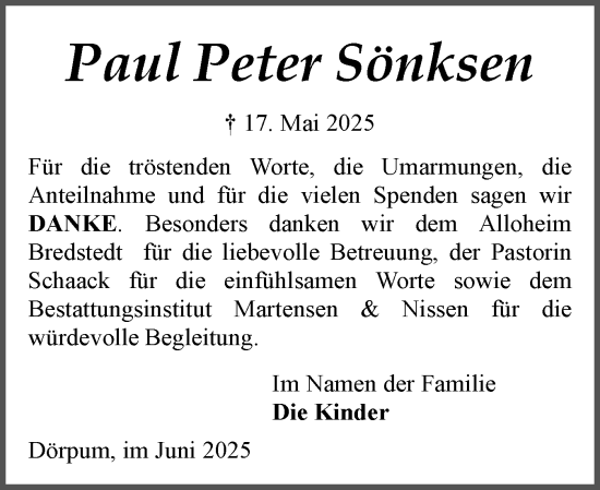 Traueranzeige von Paul Peter Sönksen von Husumer Nachrichten, Nordfriesland Tageblatt