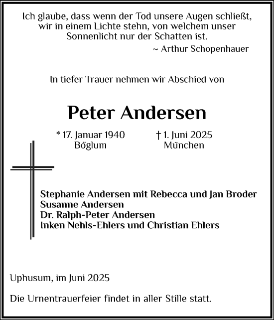 Traueranzeige von Peter Andersen von Husumer Nachrichten, Nordfriesland Tageblatt