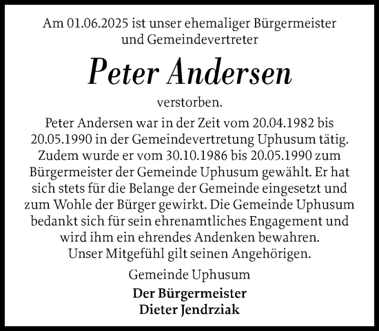 Traueranzeige von Peter Andersen von Husumer Nachrichten, Nordfriesland Tageblatt