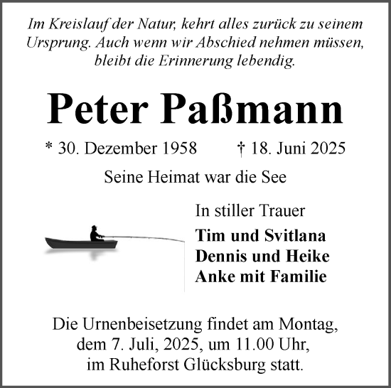 Traueranzeige von Peter Paßmann von Flensburger Tageblatt