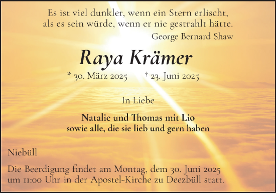 Traueranzeige von Raya Krämer von Husumer Nachrichten, Nordfriesland Tageblatt