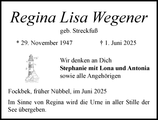 Traueranzeige von Regina Lisa Wegener von Schleswig-Holsteinische Landeszeitung
