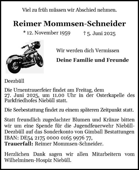 Traueranzeige von Reimer Mommsen-Schneider von Husumer Nachrichten, Nordfriesland Tageblatt