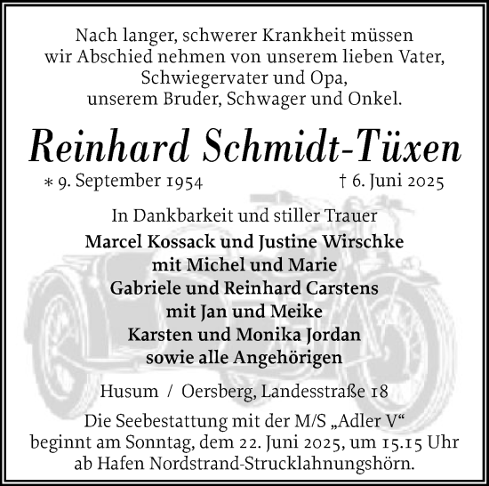 Traueranzeige von Reinhard Schmidt-Tüxen von Schleswiger Nachrichten, Schlei-Bote, Eckernförder Zeitung