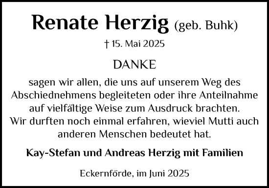 Traueranzeige von Renate Herzig von Eckernförder Zeitung, Hallo Eckernförde