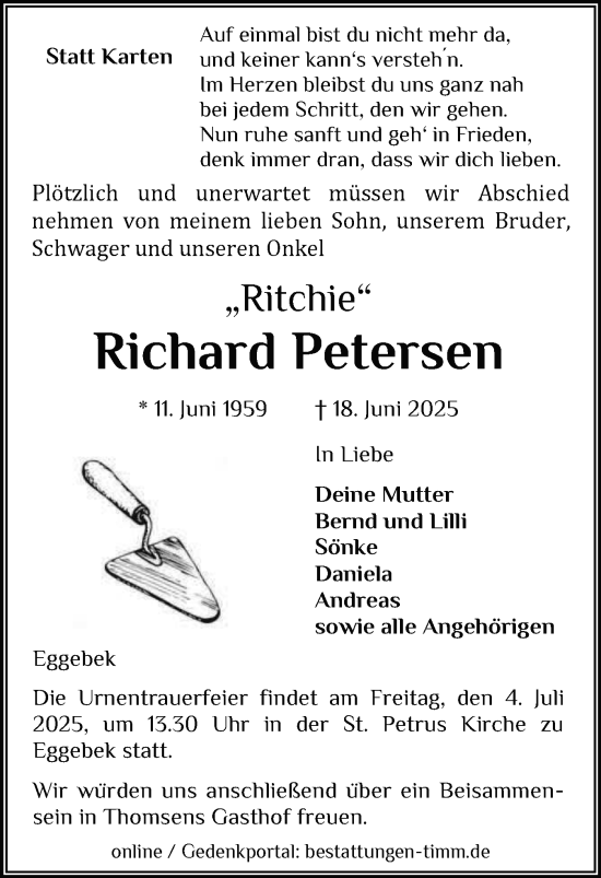 Traueranzeige von Richard Petersen von Flensburger Tageblatt