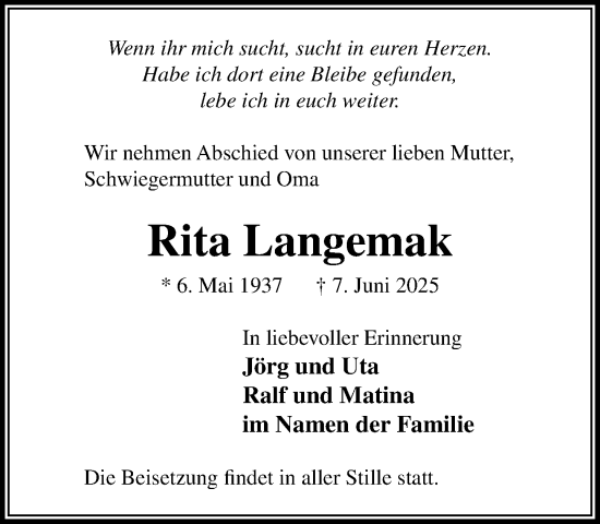 Traueranzeige von Rita Langemak von MARKT Glinde/Reinfeld