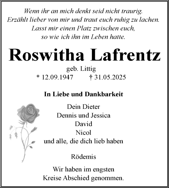 Traueranzeige von Roswitha Lafrentz von Husumer Nachrichten, Nordfriesland Tageblatt