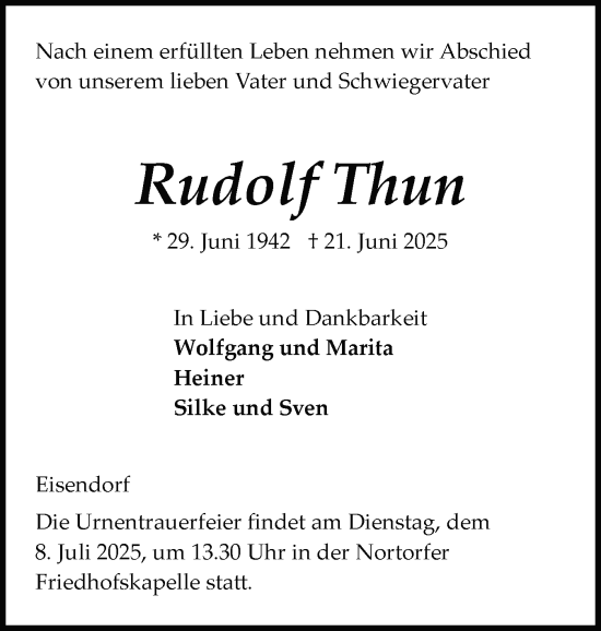 Traueranzeige von Rudolf Thun von Schleswig-Holsteinische Landeszeitung