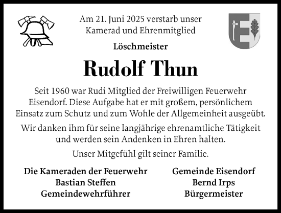Traueranzeige von Rudolf Thun von Schleswig-Holsteinische Landeszeitung