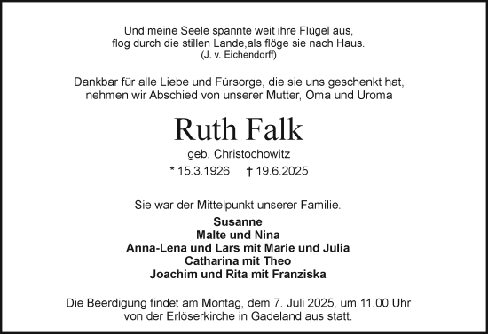 Traueranzeige von Ruth Falk von Holsteinischer Courier