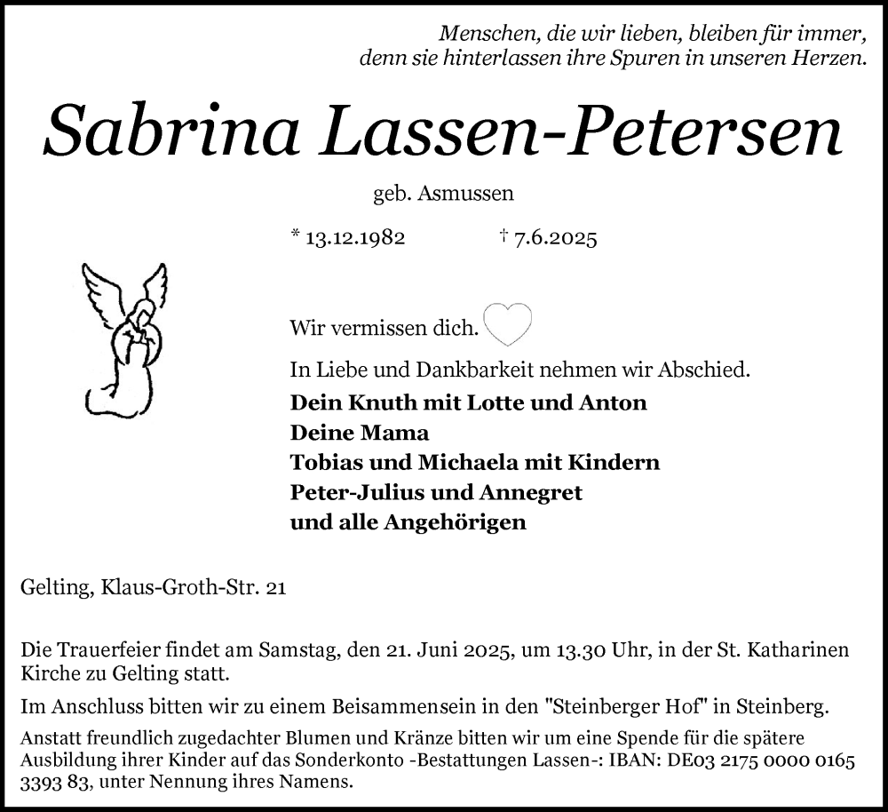  Traueranzeige für Sabrina Lassen-Petersen vom 14.06.2025 aus Flensburger Tageblatt