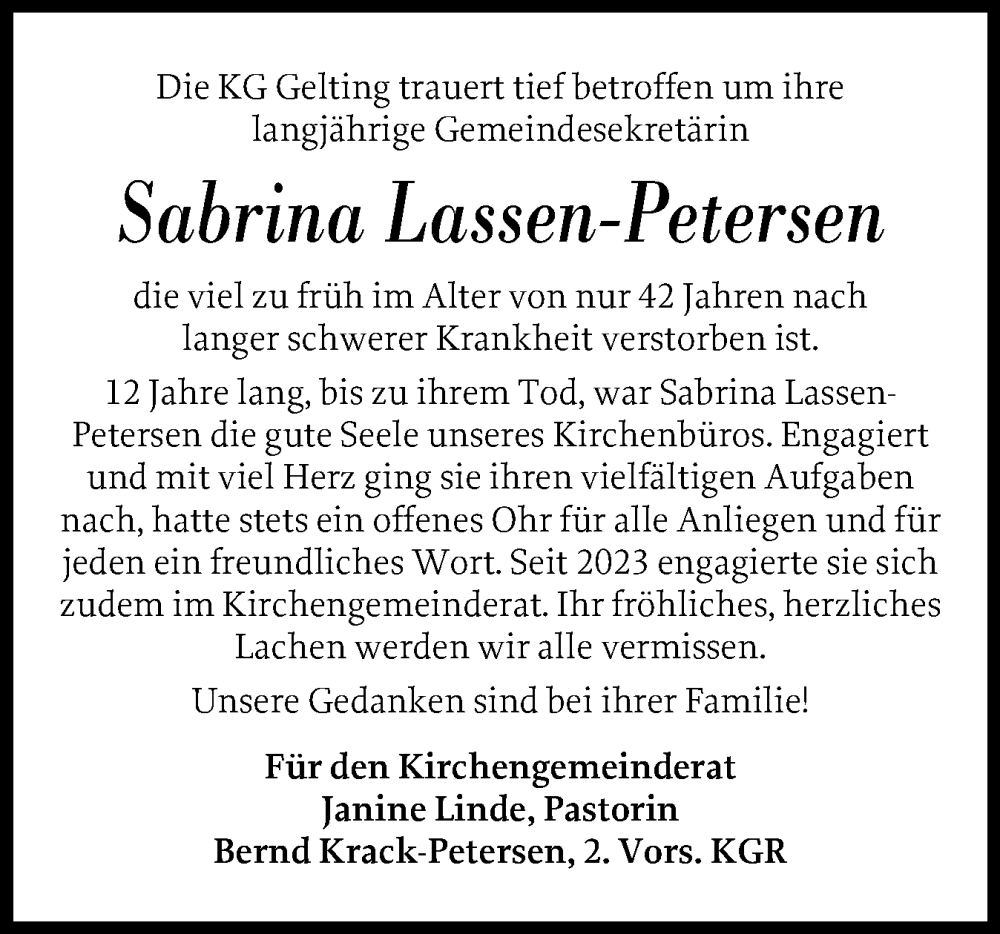  Traueranzeige für Sabrina Lassen-Petersen vom 17.06.2025 aus Flensburger Tageblatt