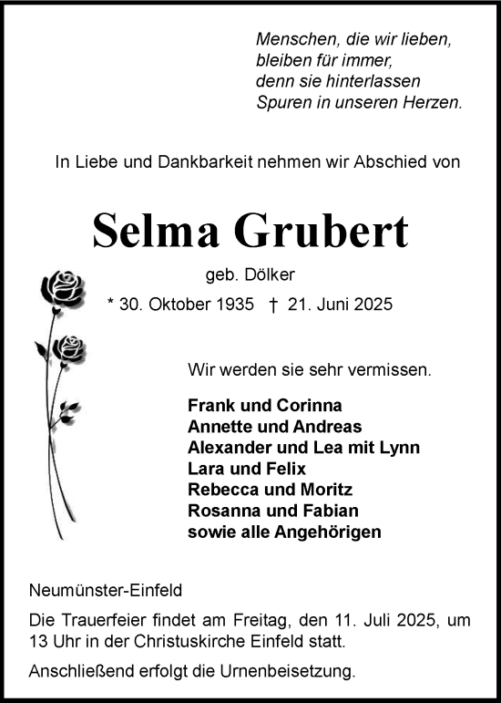 Traueranzeige von Selma Grubert von Holsteinischer Courier
