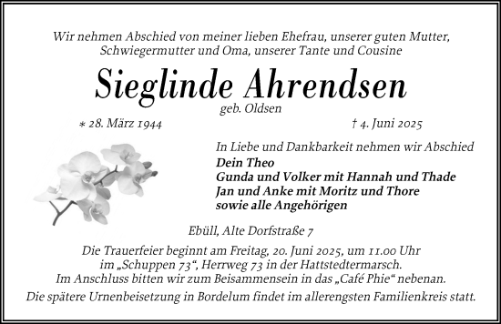 Traueranzeige von Sieglinde Ahrendsen von Husumer Nachrichten, Nordfriesland Tageblatt